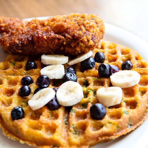 Crispy fried chicken on a waffle topped with blueberries and banana slices from Zaca Cafe.
