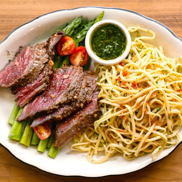 Zaca Cafe's steak and pasta dish with asparagus, cherry tomatoes, and green sauce.