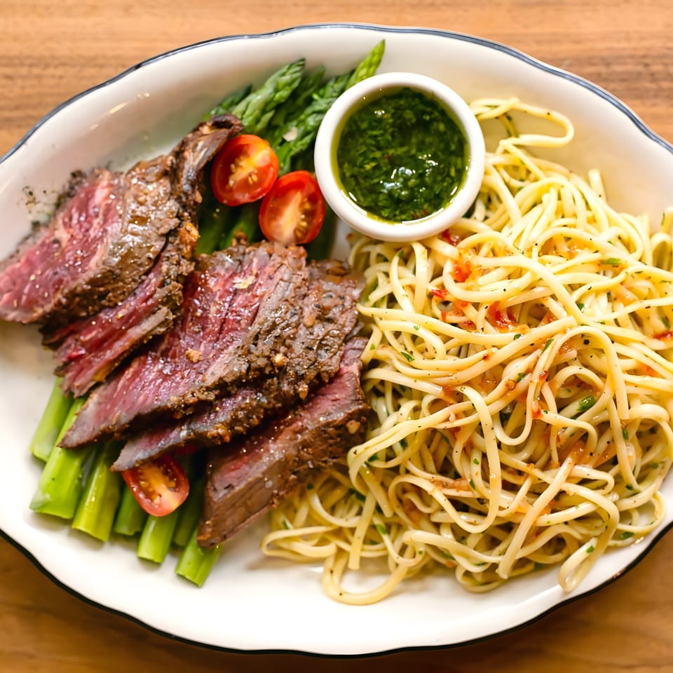 Zaca Cafe's steak and pasta dish with asparagus, cherry tomatoes, and green sauce.