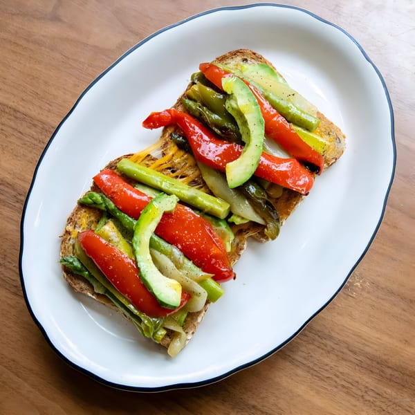 Zaca Cafe's avocado toast with roasted red peppers, asparagus, and melted cheese on a white plate.