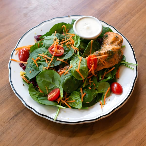 Zaca Cafe's spinach salad with grilled chicken, cherry tomatoes, shredded carrots, and dressing.