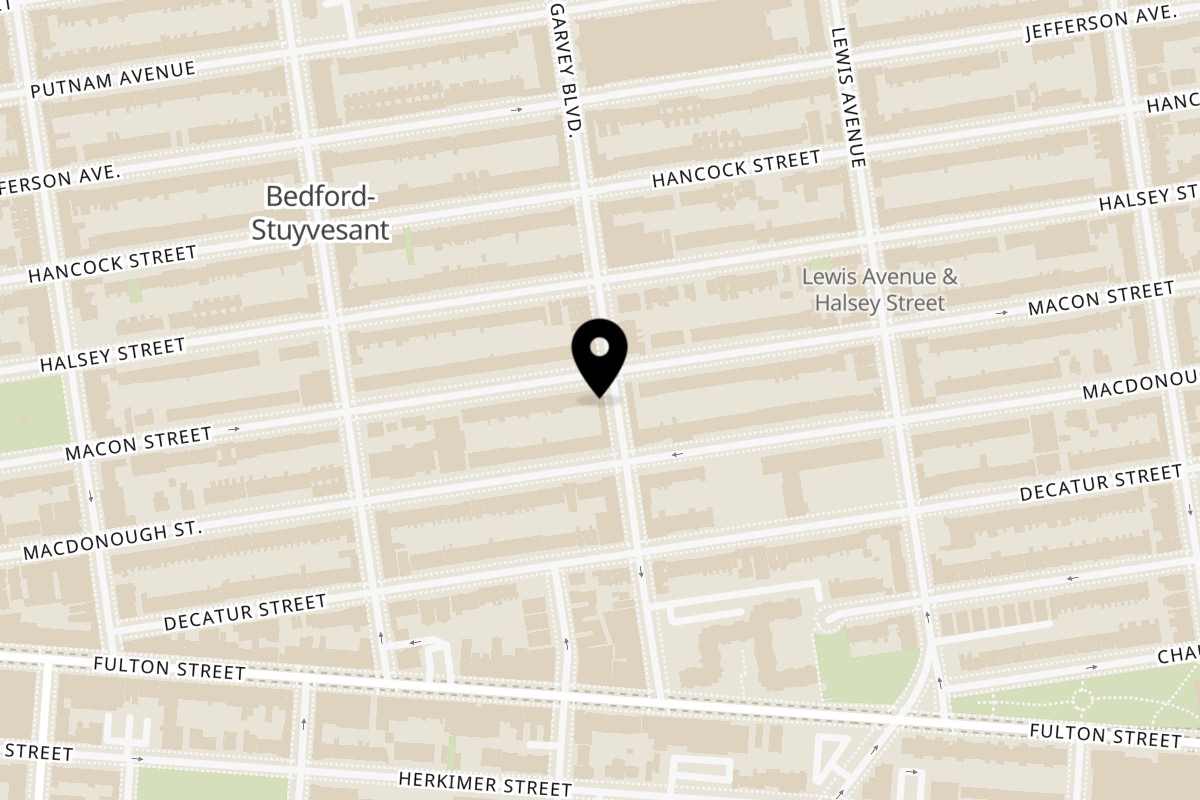 Map showing the location of Zaca Cafe on 426 Marcus Garvey Blvd in Brooklyn